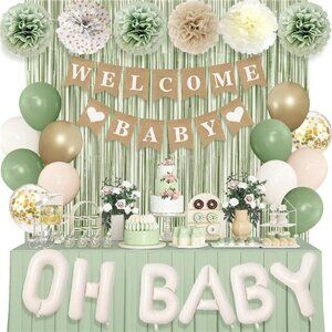 Sage Green Baby Shower Decorations Balloon Banner Fringe Paper Flower Gender Rev